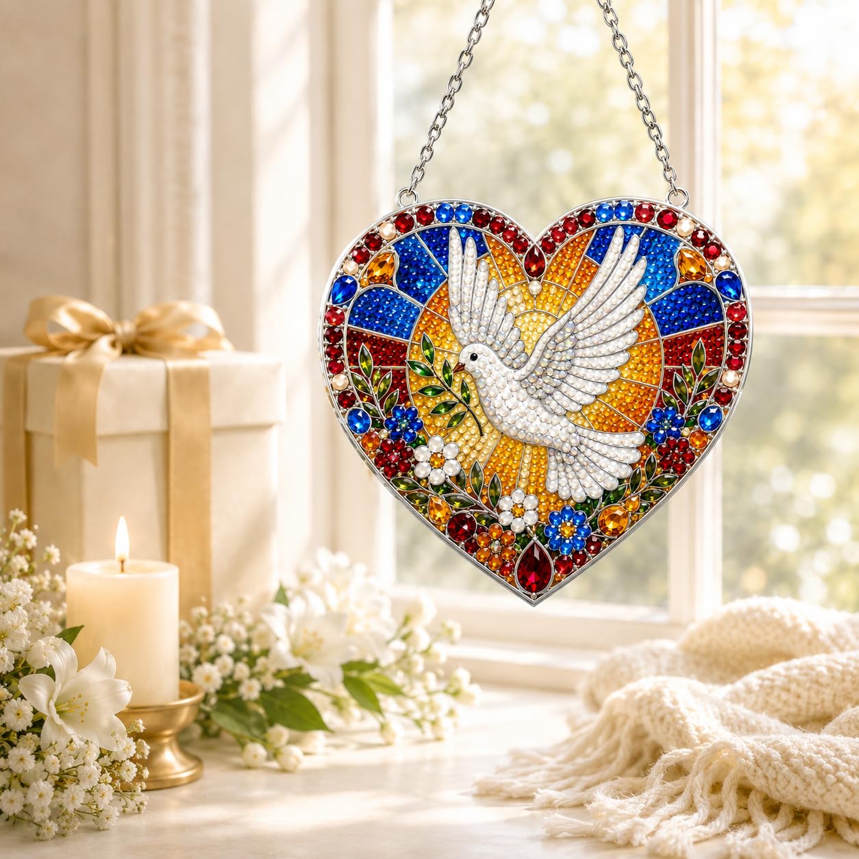 DIY Diamond Art Painting Wreath Kits，Special Shaped Rhinestone Hanging Ornament Diamond Art Window Pendants for Gift Home Garden Wall Hanging Kits,Double Sided (Dove)