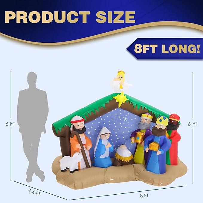 8 FT Christmas Inflatables Nativity Scene Outdoor Decorations, Christmas Blow Up Yard Decorations Nativity Sets for Garden Lawn Xmas Decor
