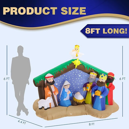 8 FT Christmas Inflatables Nativity Scene Outdoor Decorations, Christmas Blow Up Yard Decorations Nativity Sets for Garden Lawn Xmas Decor