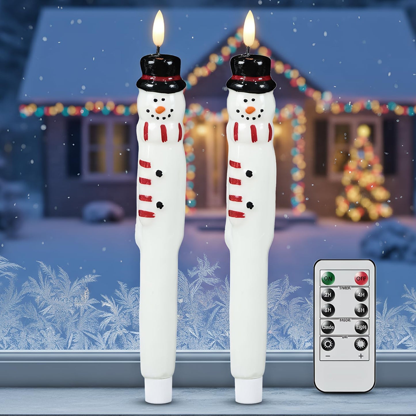 Lasumora Christmas Flameless Taper Candles with Remote Timer, 2 Pcs Hand-Painted Snowman Sculpture Shape LED Candlesticks with 3D Flickering Flame for Home Décor Christmas Gifts