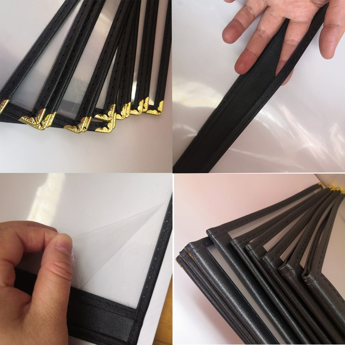 Menu Covers Restaurant 8.5x11 Inch - 15-Pack Black Leather-Style Waterproof Holders with 3-Pocket Side-Loading Sleeves & Gold Corners for Upscale Dining