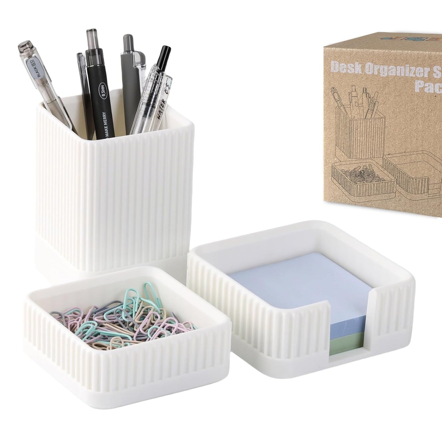 Aesthetic Desk Organizers and Accessories Set of 3 with Pen Holder,Paperclip Holder,Sticky Note Holder - Durable Plastic Pencil Holder for Office Women Men-Teacher Appreciation/Back-to-school Gift