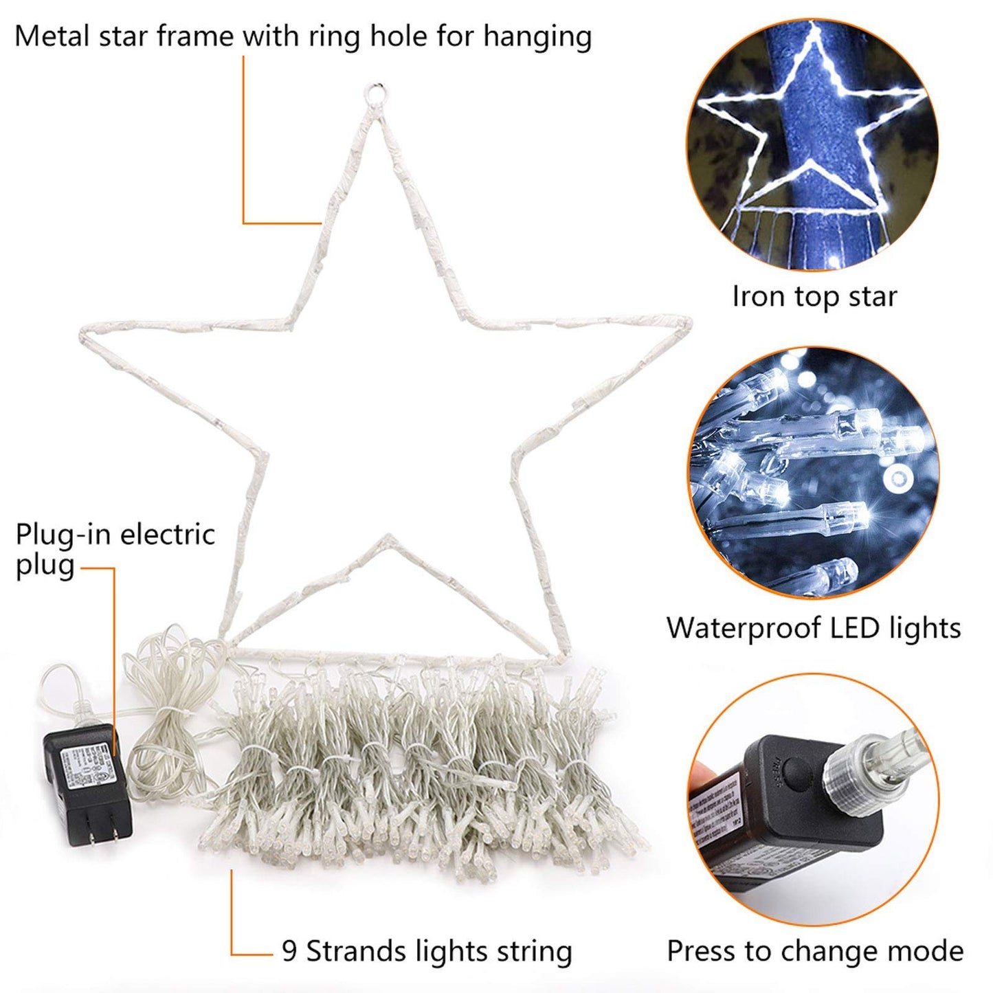FUNIAO Outdoor Christmas Star Lights 320 LED Waterfall Christmas Tree Lights 8 Lighting Modes Outdoor Christmas Decorations Star String Lights for Outside Tree Wall Yard Xmas Wedding Party (White)