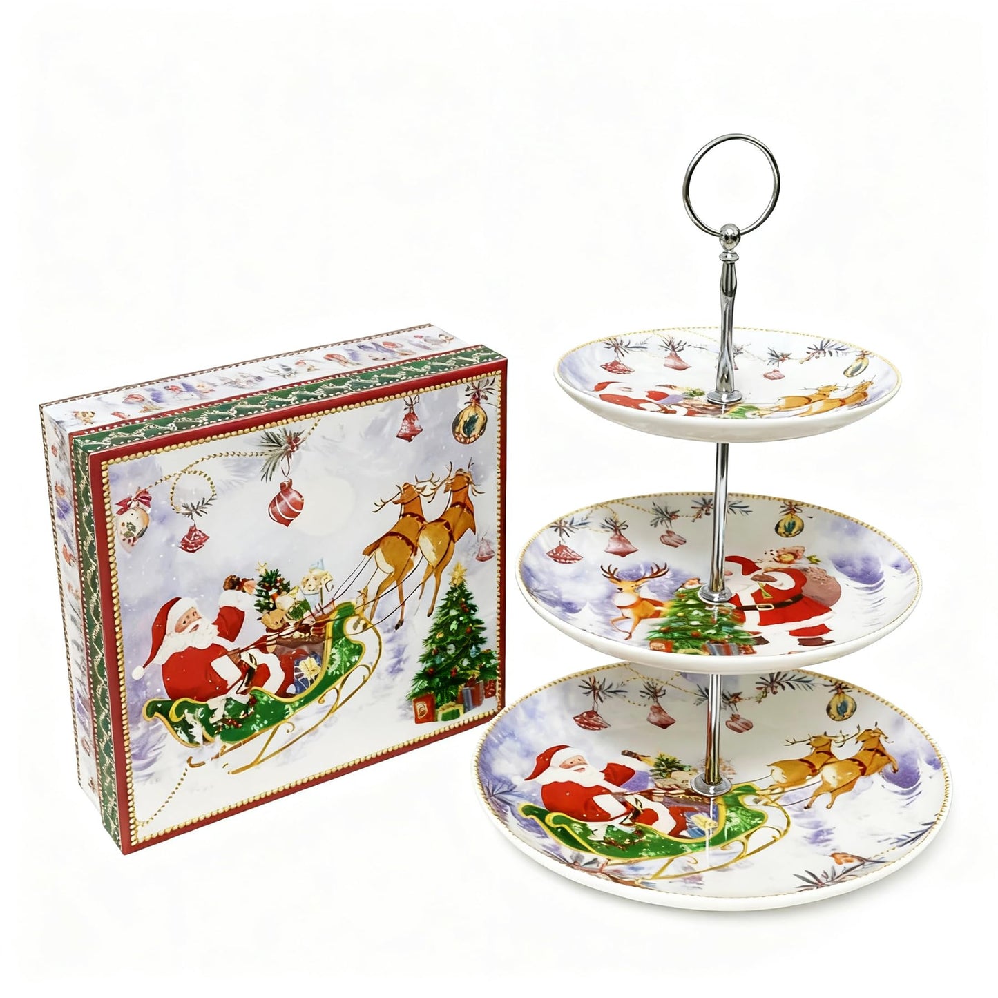 3-Tier Round Porcelain XMAS Cake Fruit Stand Plates with Gift Box, Cupcakes Serving Display Set, Christmas White Pastry Tray Towers Platter for Desserts Appetizer Candy Buffet for Wedding & Home Party