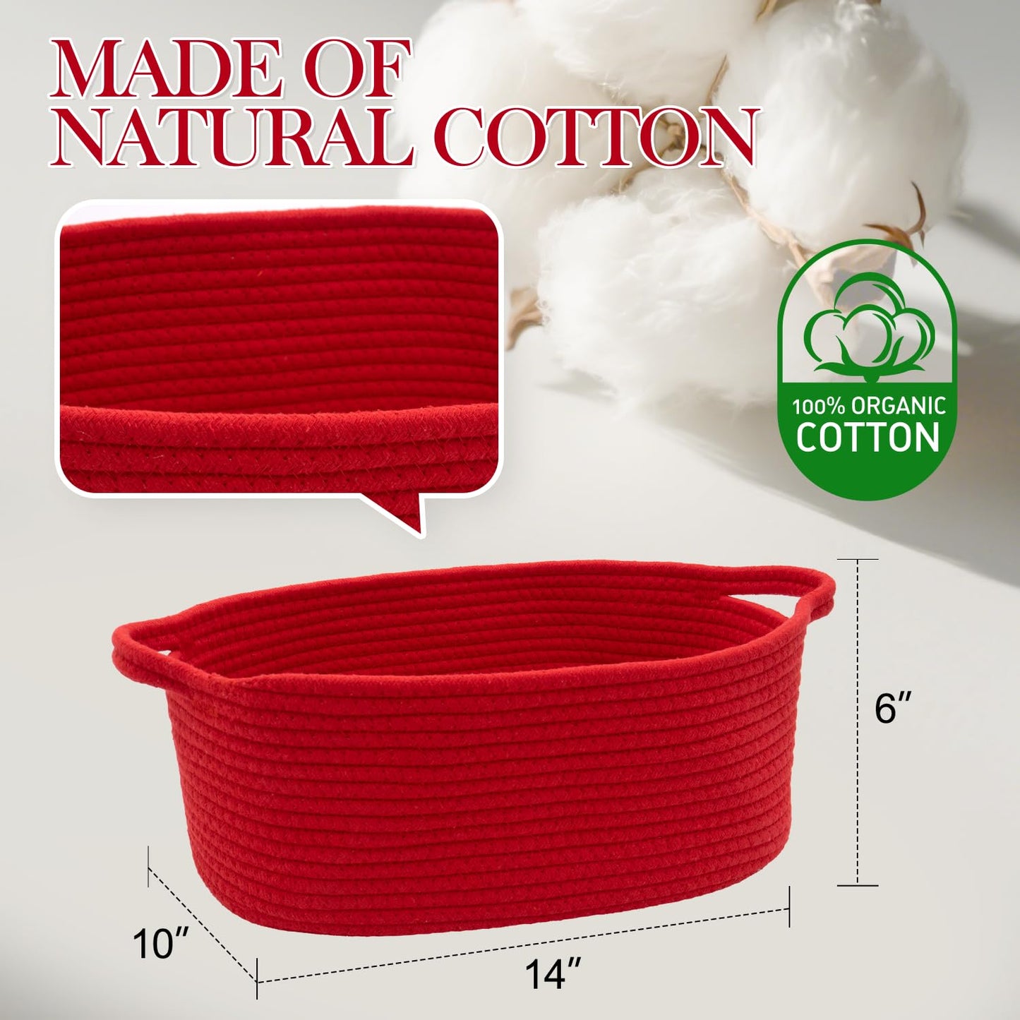 Woven Basket with Gift Bags and Ribbons, 14"X 10" X 6" Gift Storage Organizer Bin Shelf Shelves Cotton Rope Basket for Nursery, Pet Toys (Red)
