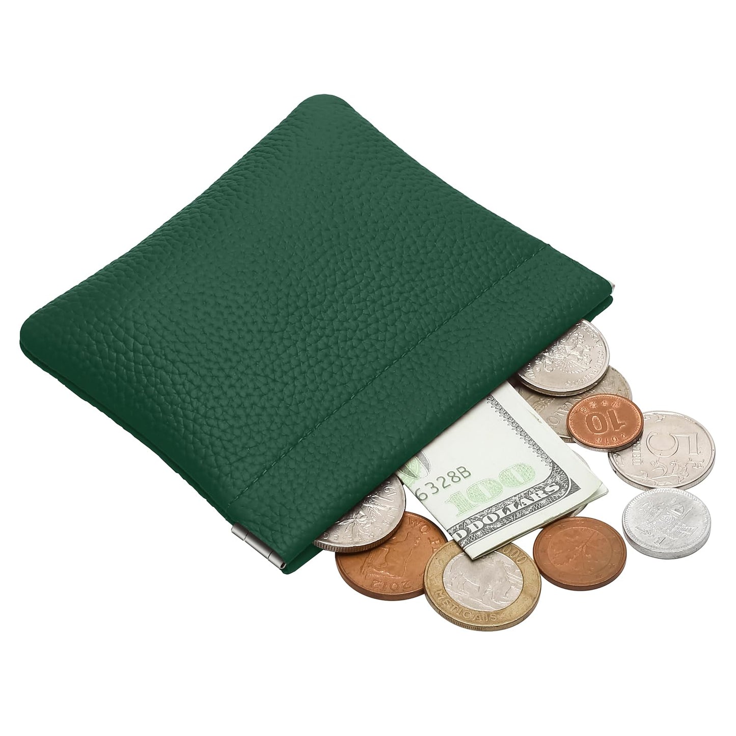 Genuine Leather Squeeze Coin Purse Pouch Change Holder For Men & Women Mini Change Purse Pouch for Pocket, Small Pouch Credit Card Key Headset Lipstick Holder (Green)