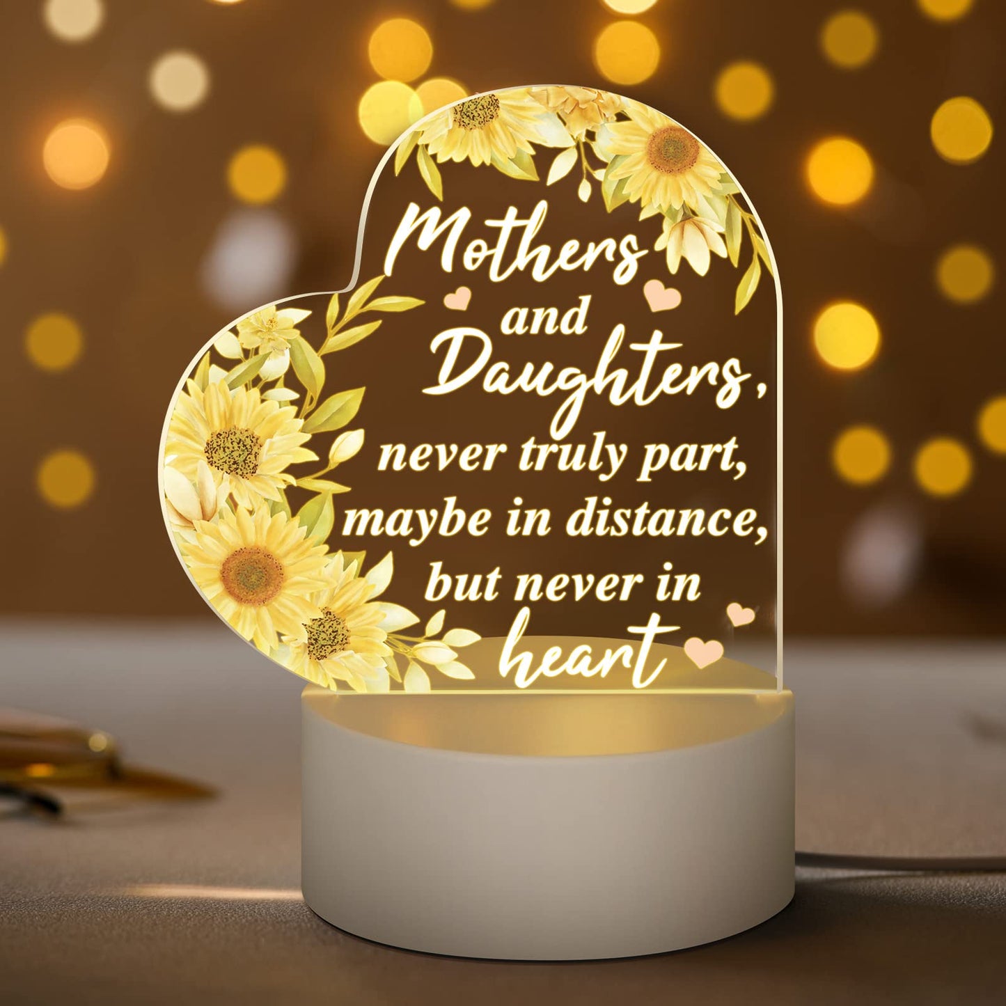 Jetec Mothers Day Birthday Gifts from Daughter Son Christmas Thank You Gift for Mom Sunflower Engraved Acrylic Heart Lamps USB Low Power Night Light Table Decor(Mothers and Daughters)