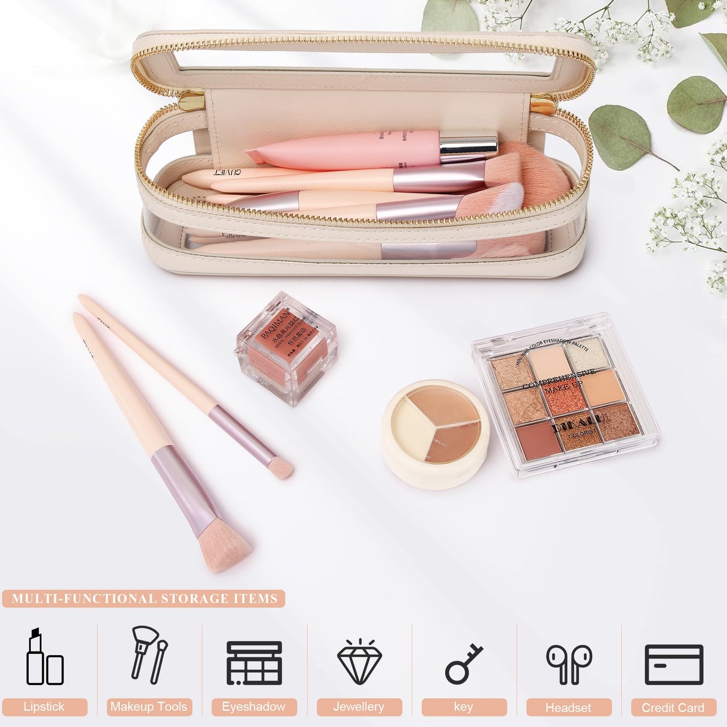Pinkmik Makeup Brush Case Clear Travel Cosmetic & Toiletry Bag Slim Makeup Bag with Zipper Small Purse Organizer for Women Beige