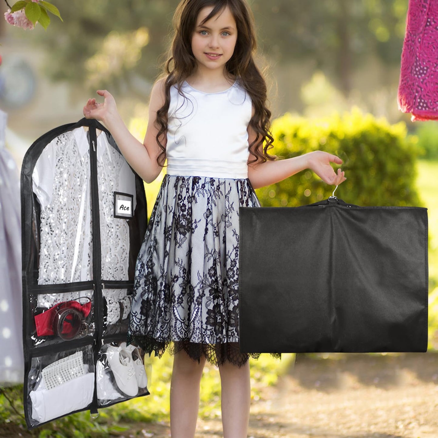 Syeeiex 3" Gusseted Clear Dance Costume Garment Bag(5 Pack), 40'' Dance Garment Bags for Dancers with 4 Zipper Pockets & Can Hold 1-3 Dance Costumes - Suitable for Dance Competitions, Ballet(Black)