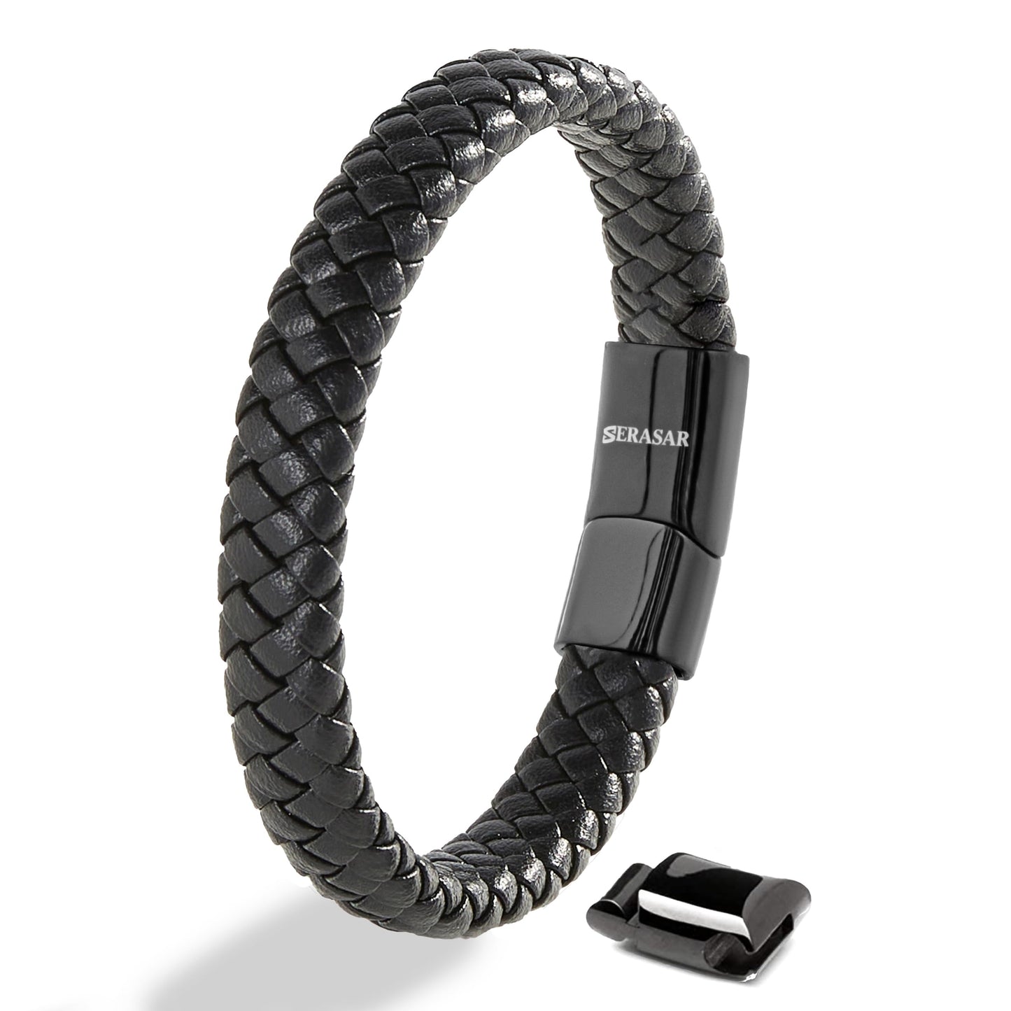 SERASAR Pulsera de Cuero Negro para Hombre, 17cm, Caja Regalo, Real, Piel Vaca, Ajustable, Cierre Magnético, Cuerda Envoltura, Masculino, Pulseras, Banda, Joyas, Imán