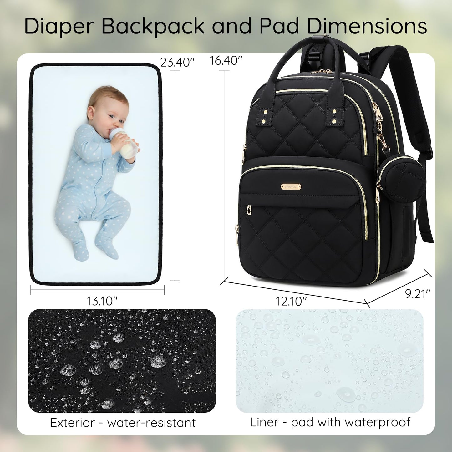 ViveVoy Diaper Bag Backpack, Large 26L Baby Bag with Portable Changing Pad & Pacifier Case, Waterproof Quilted Maternity Backpack for Mom and Dad, Travel Essentials with Insulated Pockets, Pink
