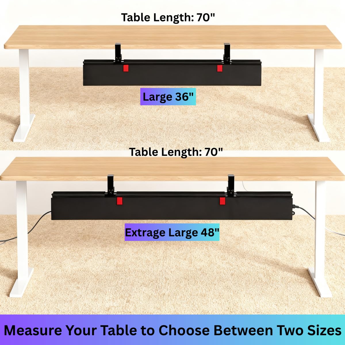 Under Desk Cable Management Tray, 48" Extra Large No Drill Cord Organizer with Easy to Clean Oxford Fabric, Clamp On Power Stripe Holder for Office, Home Office & Gaming Space