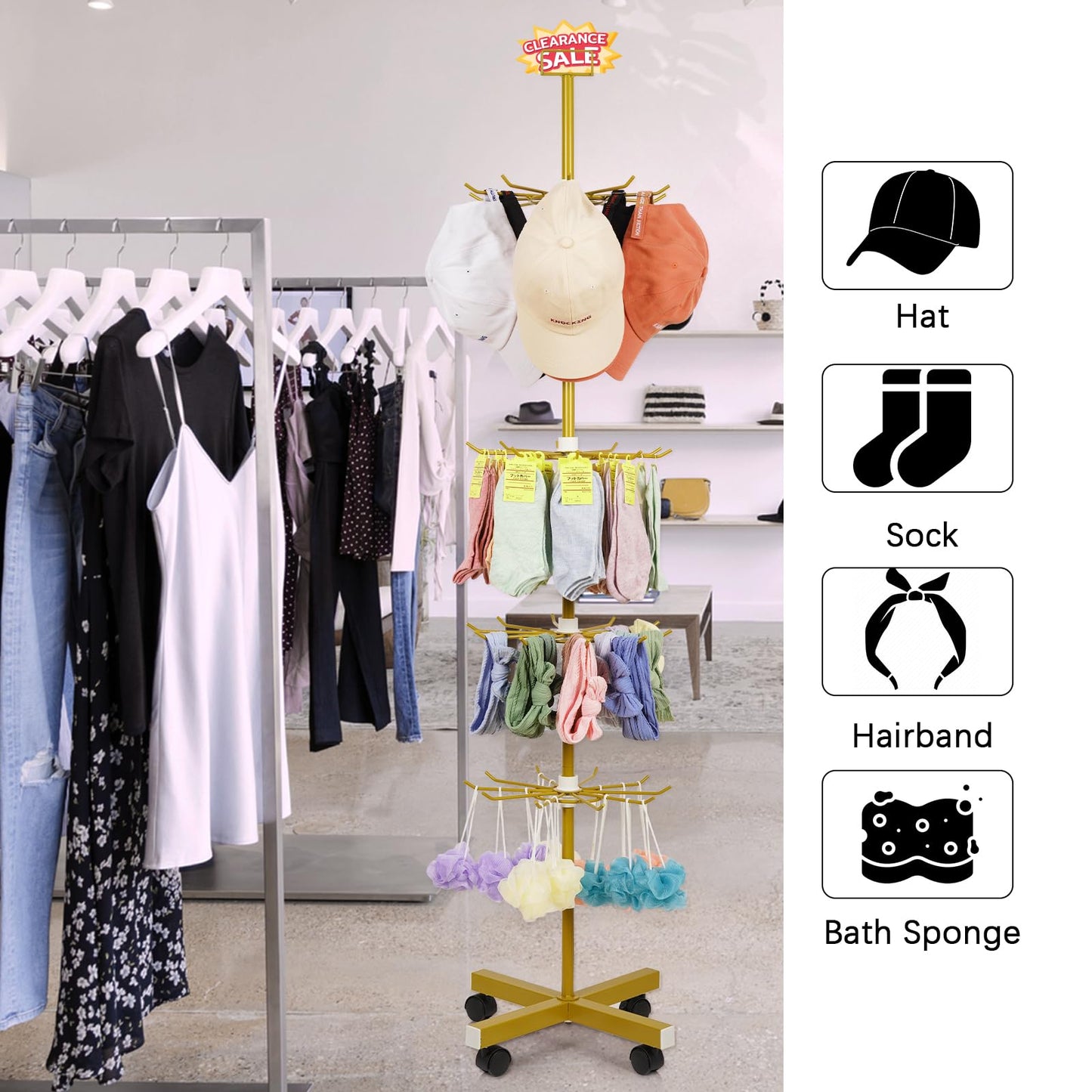 Exttlliy Retail Display Stand 5 Tier Metal Spinning Display Rack with Wheels Keychain Jewelry Stocking Hat Display Stand with Hooks for Malls, Showroom, Retail Store (Gold)