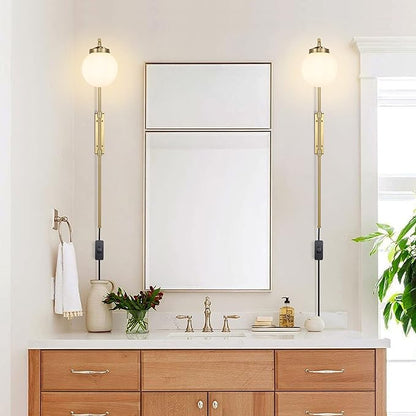 ELEHINSER Gold Wall Sconces Set of 2 with Globe Shade, Modern Indoor Plug in Wall Lamps with Switch, Angle Adjustable Light for Bedroom Living Room Study Hallway Bedside