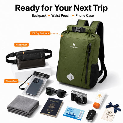 Sunnylon Dry Bag Backpack, 20L Dry Bags Waterproof with Waist Pouch and Phone Case,Roll top Dry bag for kayaking,Marine dry bag for Kayaking,Beach, Rafting, Boating, Hiking, Camping and Fishing