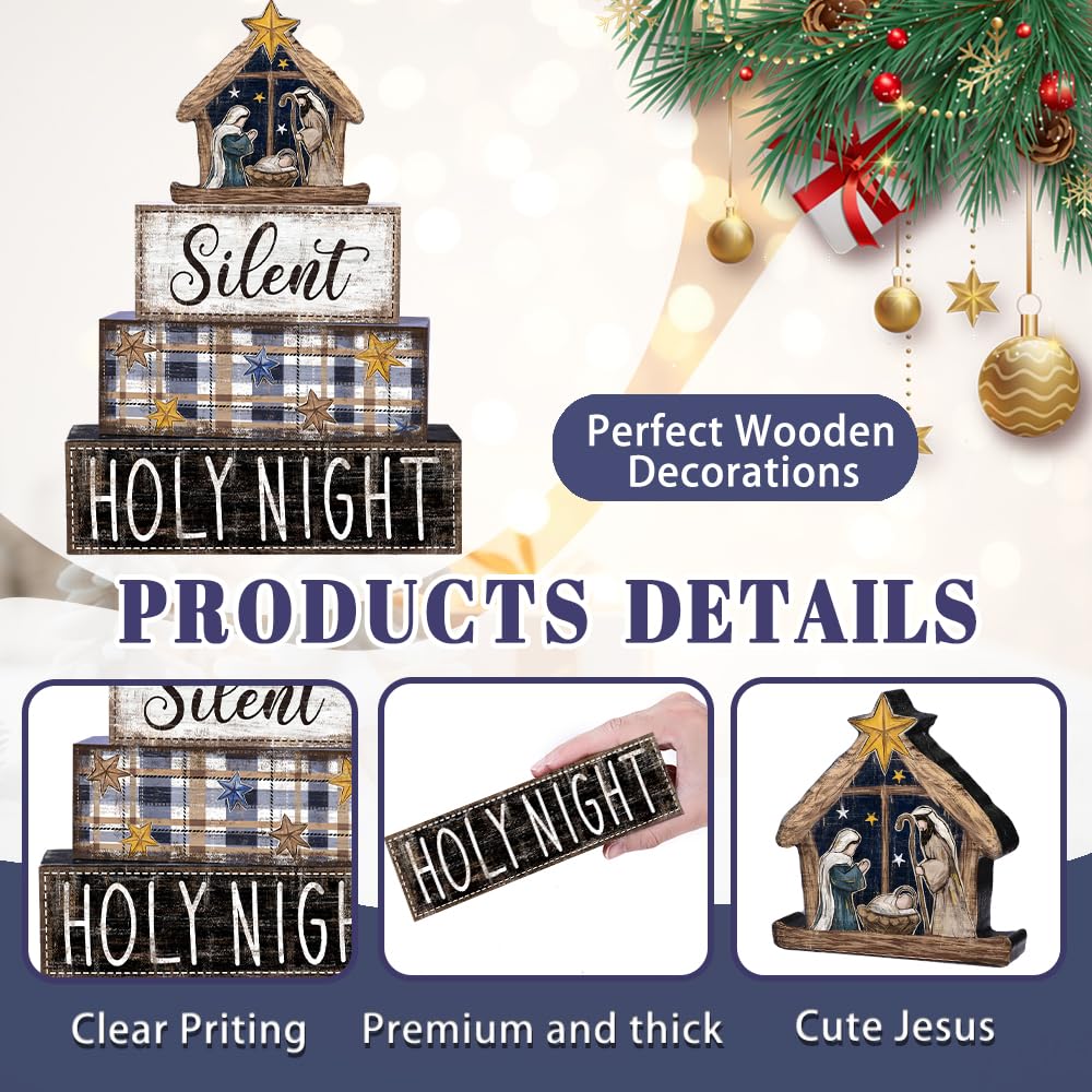 DIYDEC 4Pcs Christmas Table Decoration Christmas Jesus Wooden Block Sign Xmas Tiered Tray Decor Winter Centerpiece Decorative Sign for Holiday Tabletop Coffee Fireplace Shelf Desk Party Decor