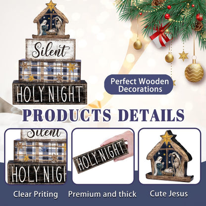 DIYDEC 4Pcs Christmas Table Decoration Christmas Jesus Wooden Block Sign Xmas Tiered Tray Decor Winter Centerpiece Decorative Sign for Holiday Tabletop Coffee Fireplace Shelf Desk Party Decor