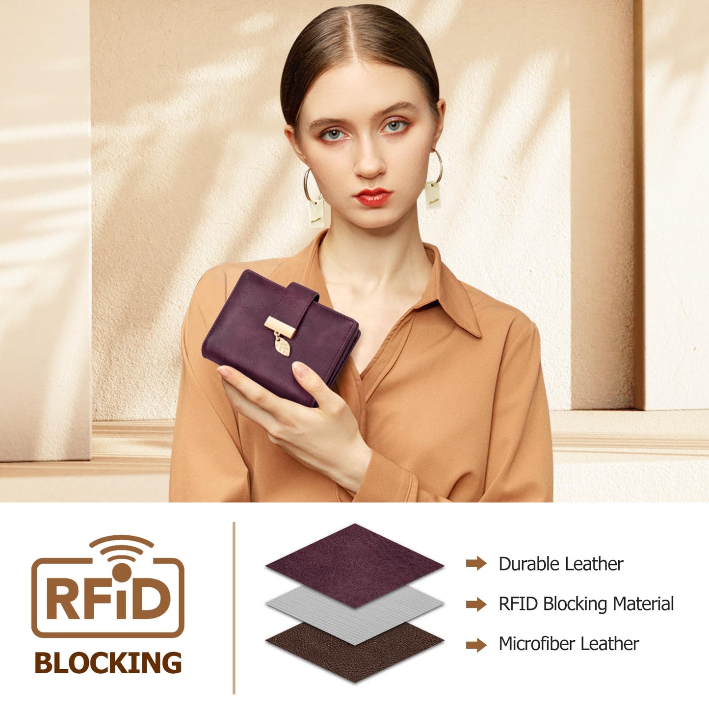 HUANLANG Small Wallets for Women Rfid Blocking Leather Bifold Credit Card Holder Ladies Wallet Zipper Pocket with ID Window
