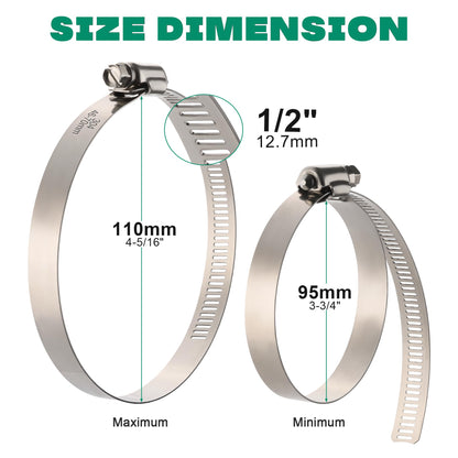 OURU Large Hose Clamps, 10 Pack 4 Inch Stainless Steel Hose Clamps Adjustable from 3-3/4"-4-5/16"/95-110mm, Metal Worm Gear Duct Clamp for Air Ducting, Dryer Vent Hose, Fuel Line, Automotive