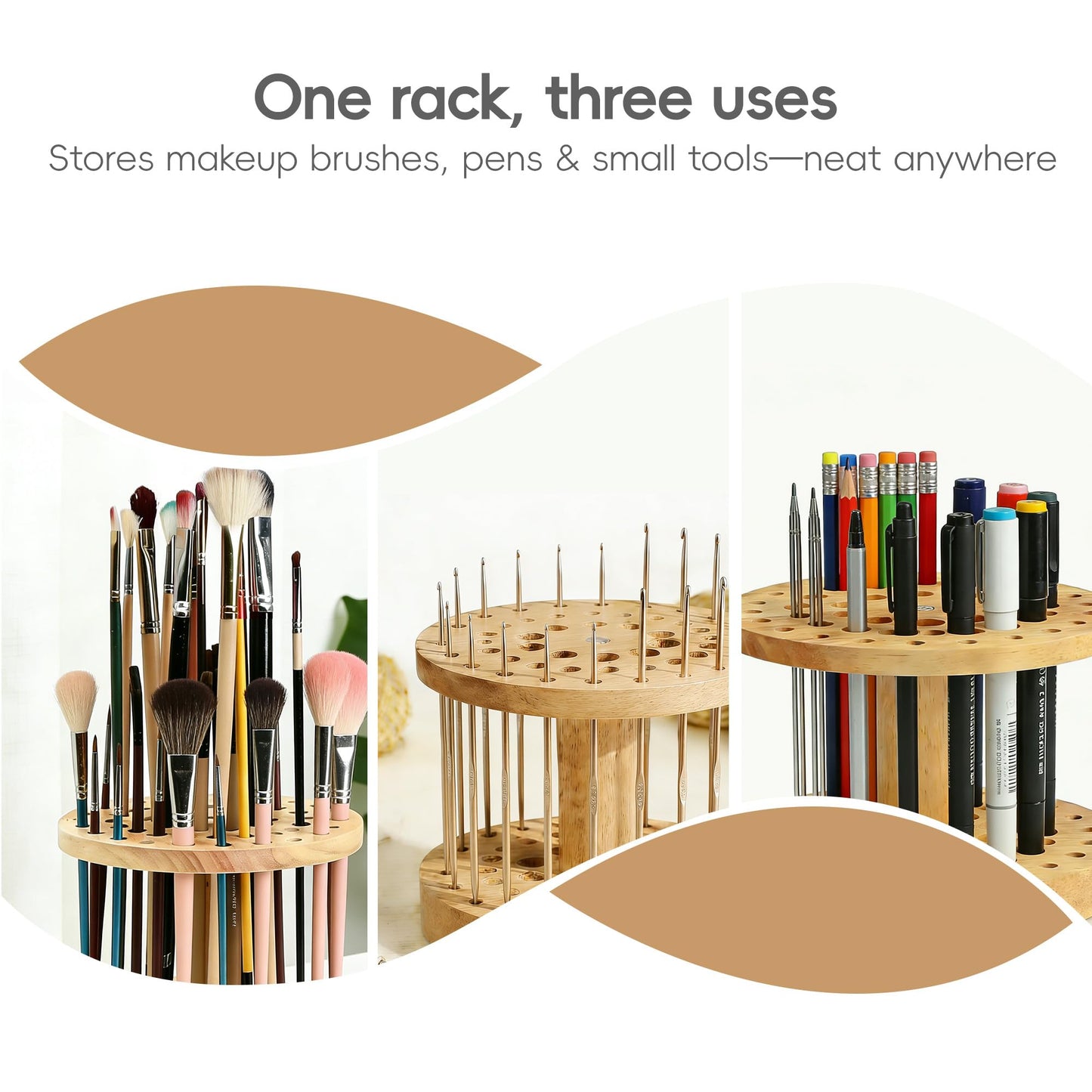 360 Rotating Paint Brush Holder, 52 Holes, Natural Wood