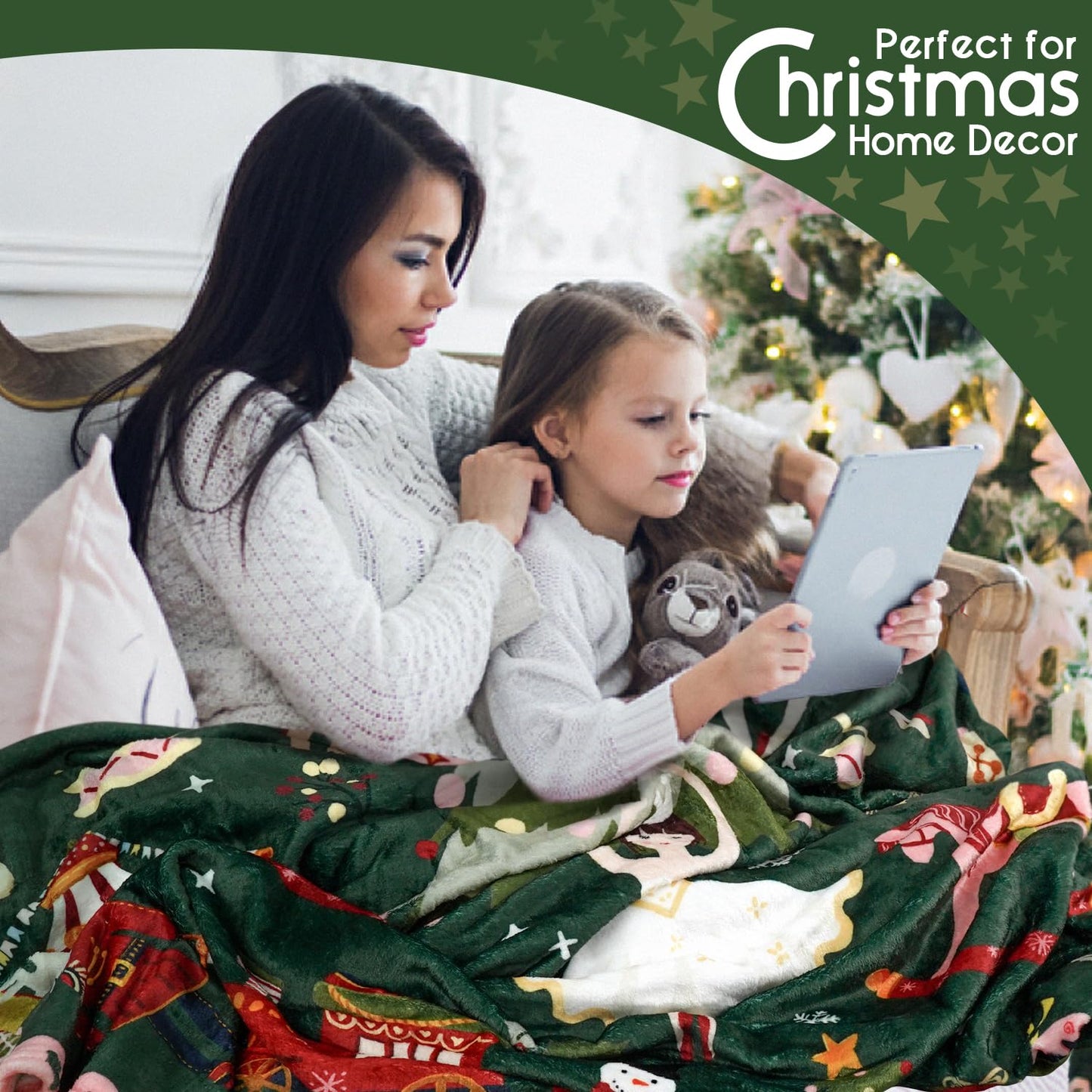 Christmas Throw Blanket for Couch 60x50,Green Winter Holiday Festival Cute Xmas Nutcracker Christmas Tree Blankets for Woman,Soft Flannel Fleece Blankets for Home Living Room Bed Chair Decor