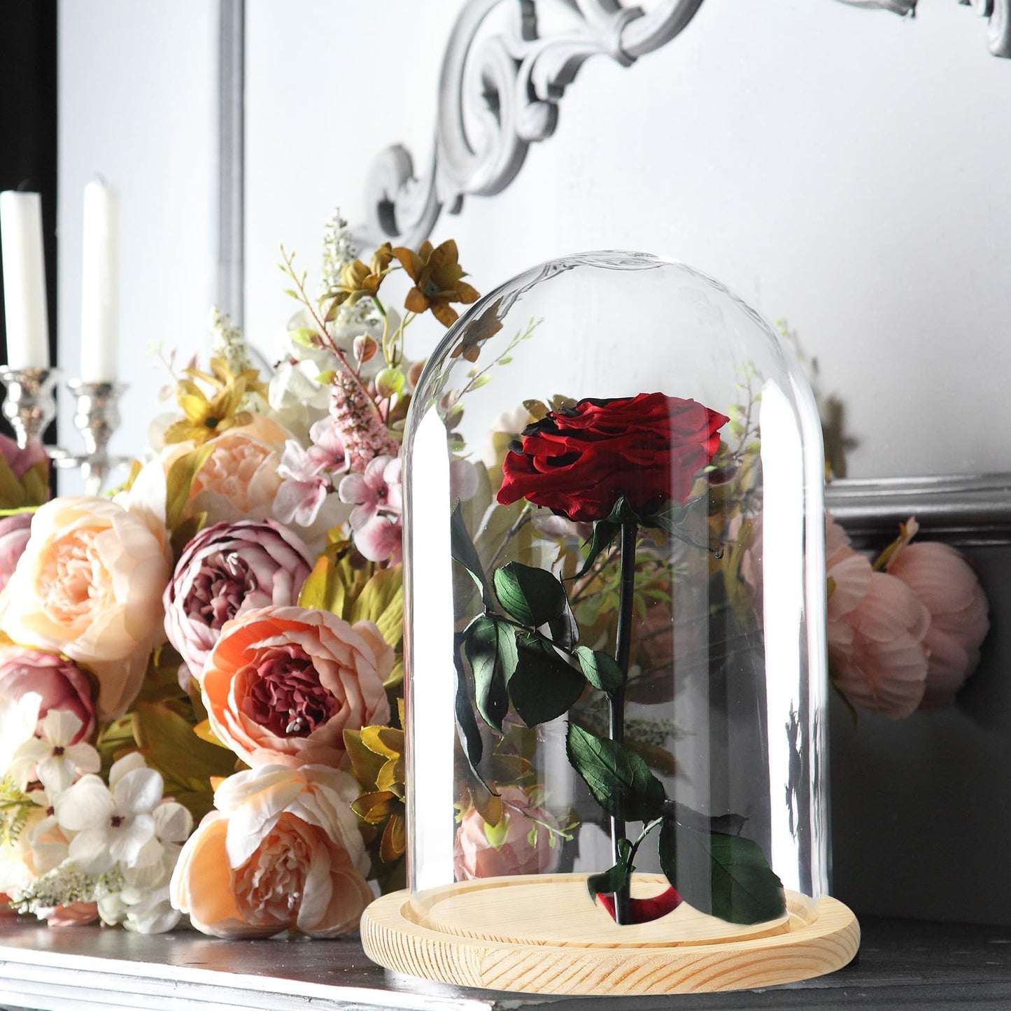 PATIKIL 3.9"x3.1" Clear Cloche Glass Dome, Glass Bell Jar Display Case Tabletop Centerpiece with Wooden Base for Plants Home Decor