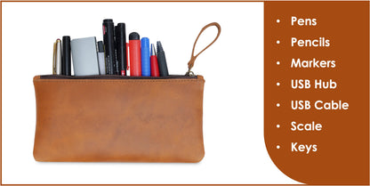 TheAntiq Leather Pencil Pouch, Currency Pouch, Leather Pencil Case, Zippered Pouch Paper Money, Pen Case, Pen and Marker Case, Pencil Case For Artists & Professionals (Tan)