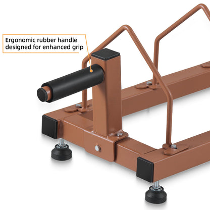 Olympic Barbell Plate Organizer with Steel Frame for home or gym,Horizontal Plate with Handle and Wheels, 300LBS Capacity, Brown