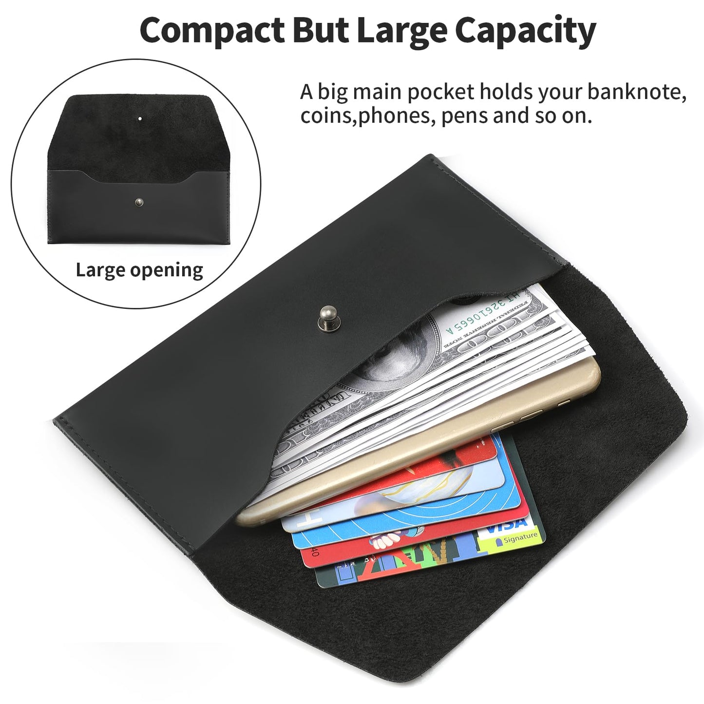 Ringsun Genuine Leather Cash Envelopes, Reusable Budget Envelope, Retro Clutch Wallet, Minimalist Wallet for Men & Women, Black
