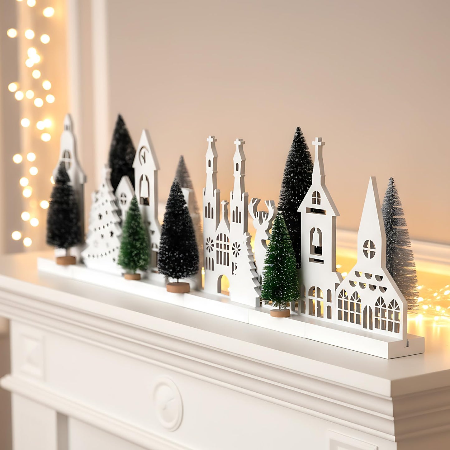 Kathfly 16 Pcs Christmas Village Set with White Base Christmas Village Houses Include Wooden Houses Tree Elk Cedar Pine and Snowmen Farmhouse Tabletop Decor for Decorative Signs Plaques Centerpieces