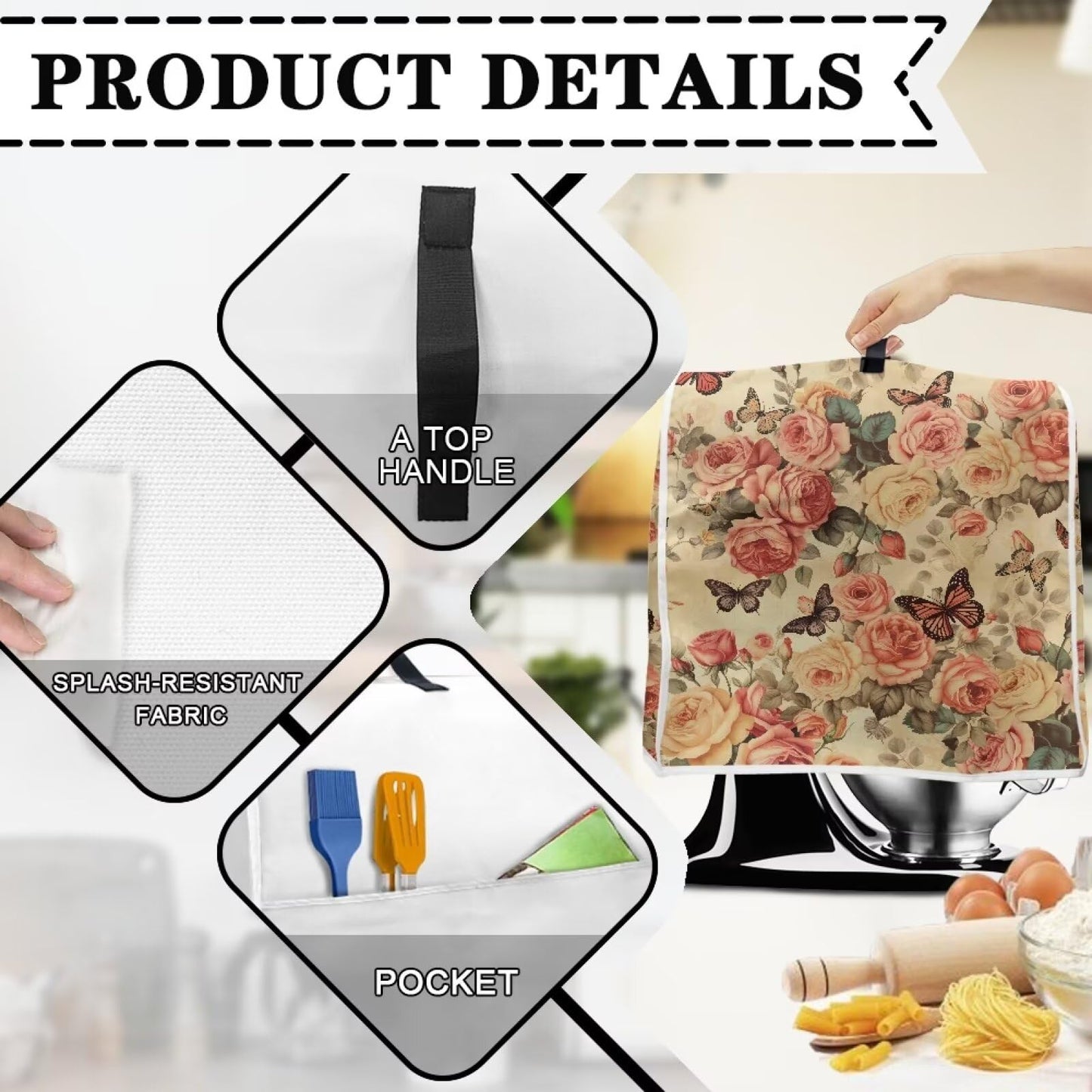 Annejudy Butterfly Roses Pattern Kitchen Aid Mixer Cover, Kitchen Stand Mixer Dust Cover with Handle, Kitchen Aid Covers for Stand Mixer or Coffee Maker With Pocket, Kitchen Aid Mixer Assecories