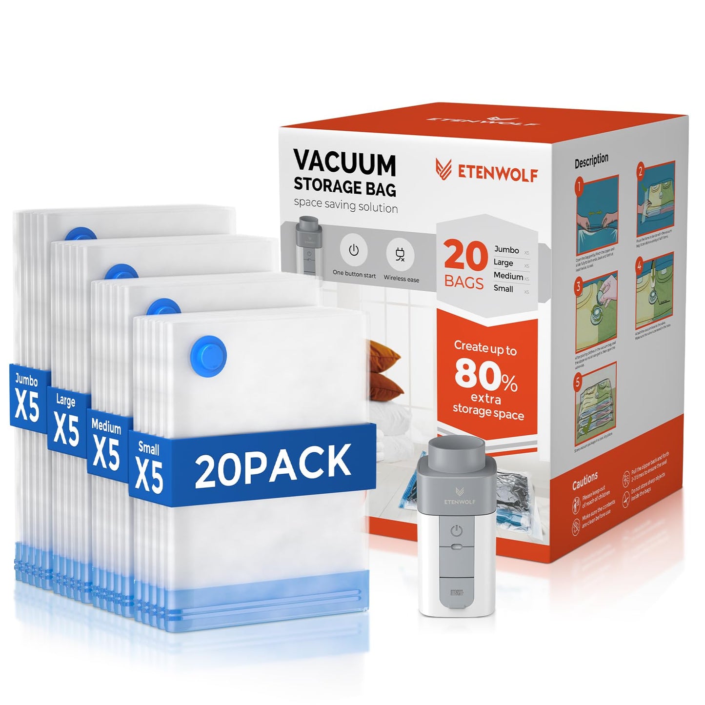 ETENWOLF 20 Pack Vacuum Storage Bags with Rechargeable Wireless Pump, Vacuum Seal Bags for Clothes and Travel, Space Saver Bags in Multiple Carry-On Sizes, Perfect for Luggage and Suitcases