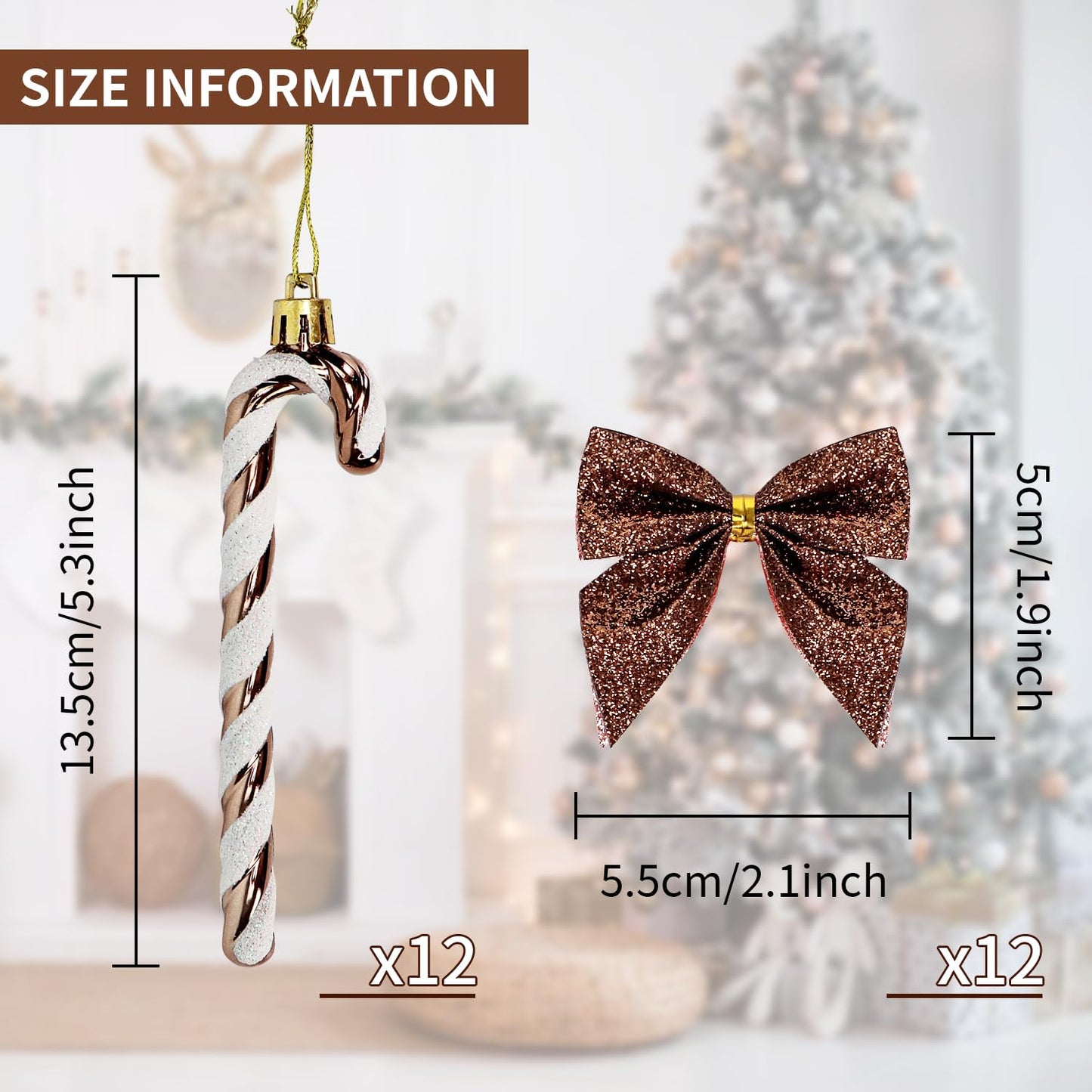 12 Pcs Candy Cane Christmas Decorations,5.5inch Glitter Candy Cane Bows for Xmas Tree Hanging Ornament Holiday Festival Party Home Decoration (Coffee)