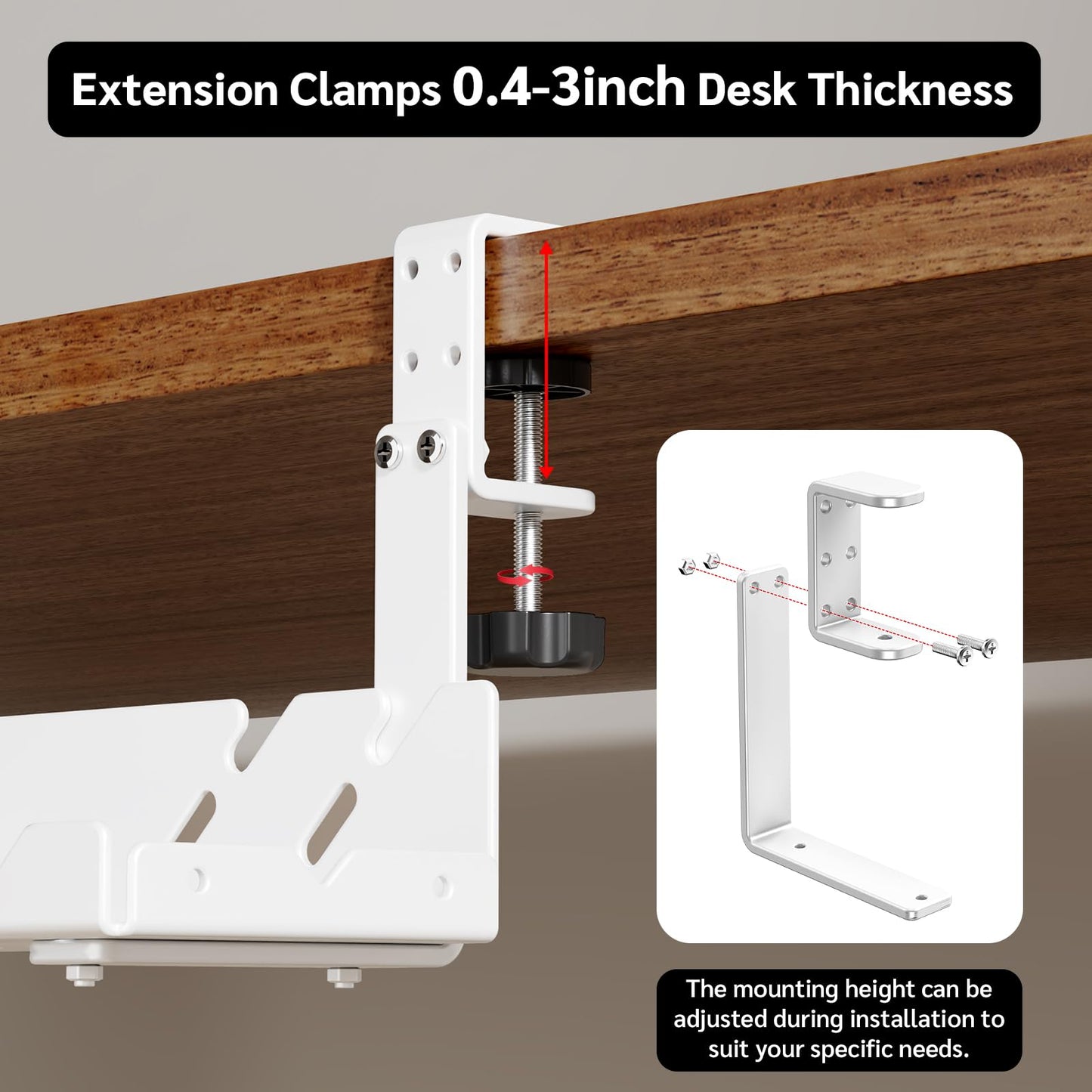 Extended Metal Under Desk Cable Management Tray with Power Outlet, No-Drill Wire Organizer with Clamp, Cord Storage Raceway for Desk Cable Management for Office Home (White)