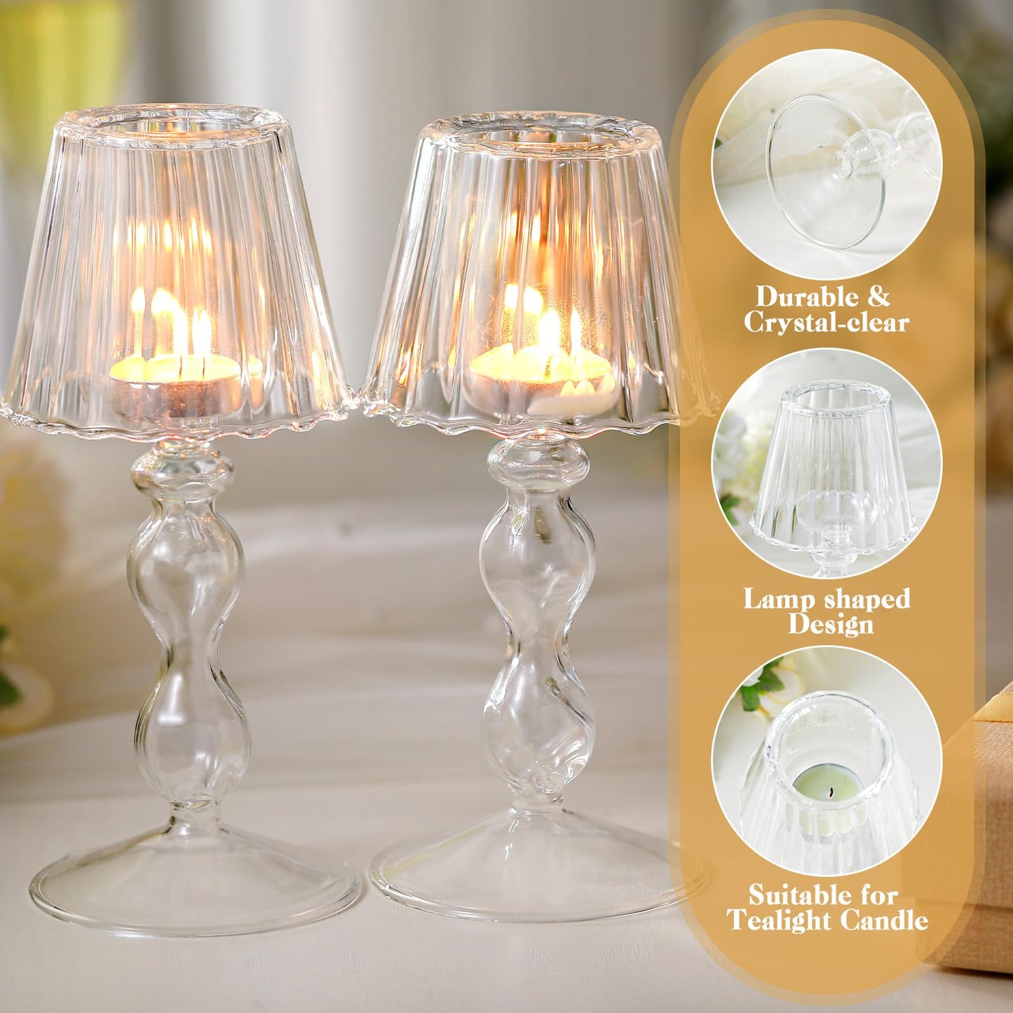 Jingmore 2 Pcs Crystal Candle Holders Lamp Shaped Crystal Tealight Candle Holders Table Centerpiece for Home Wedding Engagement Birthday Party Events Dining Table Decoration(Clear)