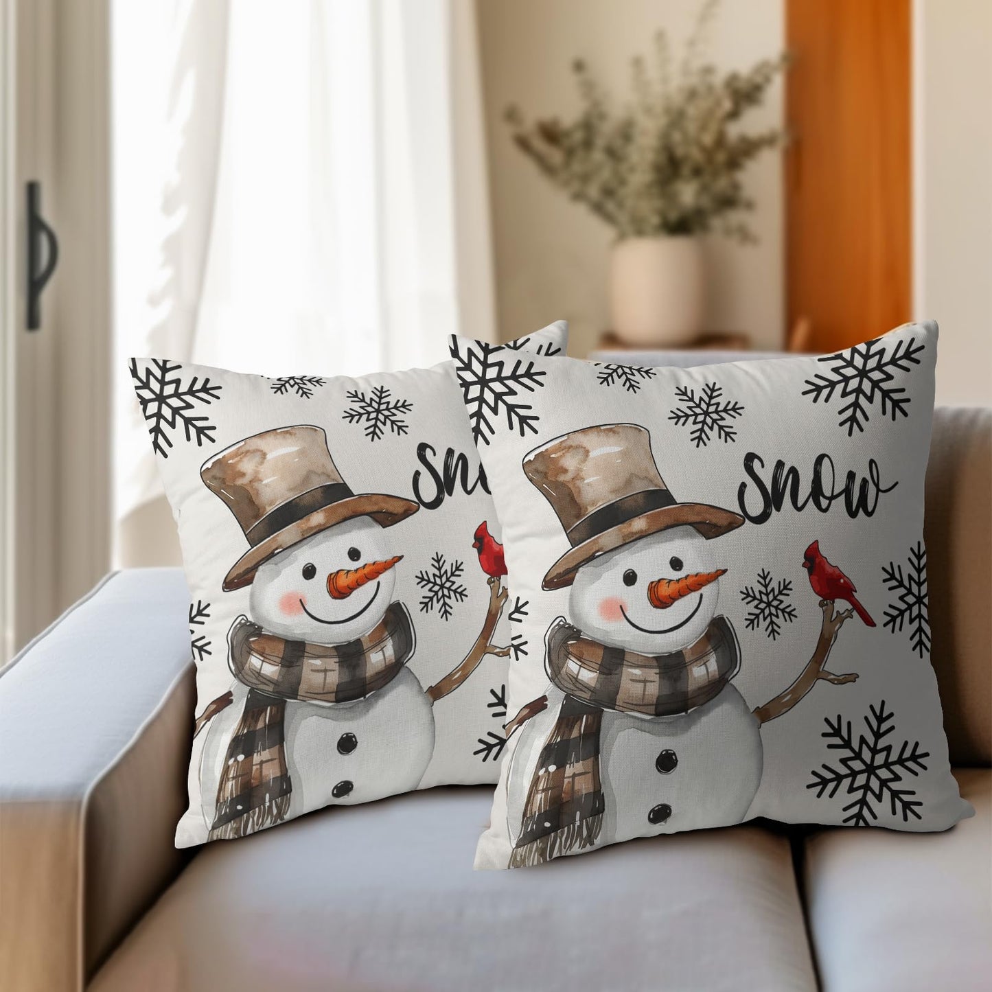 Snowman Throw Pillow Cover Christmas Pillowcase 18x18 Inch Set of 2 Snowflake and Red Cardinal Bird Decorative Cushion Cover Winter Holiday Pillow Protector for Home Sofa Bedroom Decor