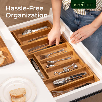 Carbonized Bamboo Kitchen Drawer Organizer, 8 Slots Silverware Organizer, Utensil Holder & Cutlery Tray, 2.2" Deep for Extra Capacity, Non-Slip Feet Included