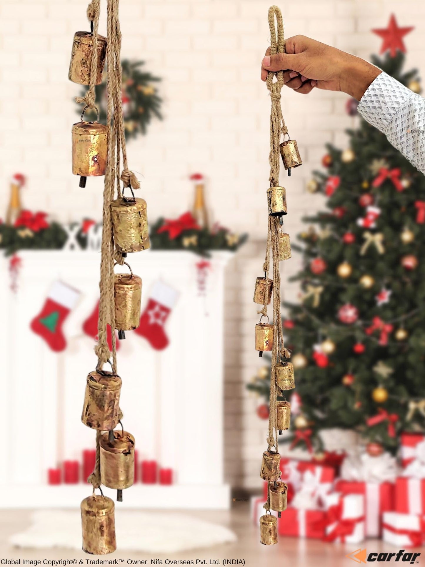 Carfar Shabby Chic Vintage Country Rustic Style Bells Cluster Hanging Handmade Metal Harmony Christmas Hanging Cow Bells on Jute Rope (1, Small Cylinder)