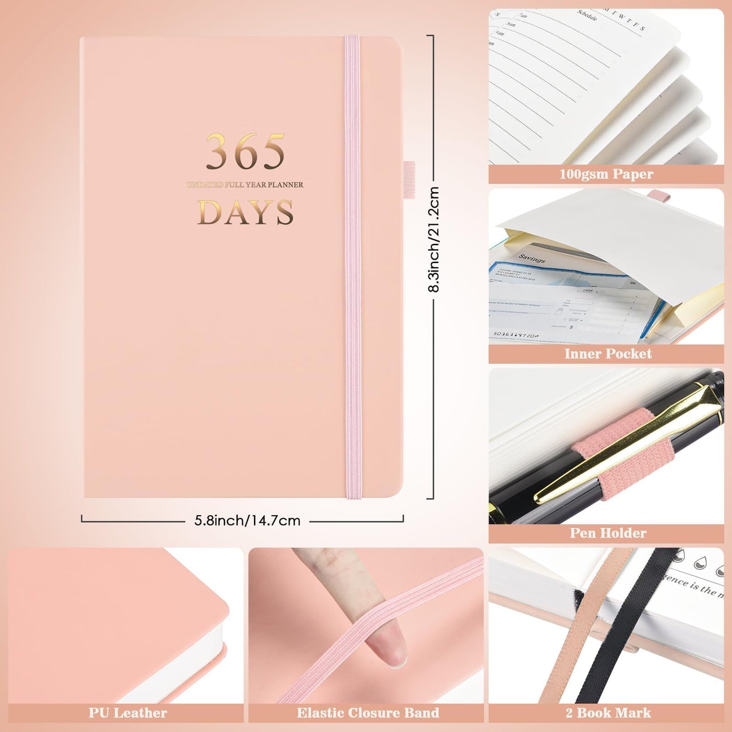 Undated Daily Planner 2024-2025, ADHD & Work Planner for Women & Men, Hourly Goal Setting, Hardcover, Start Anytime, A5, Pink