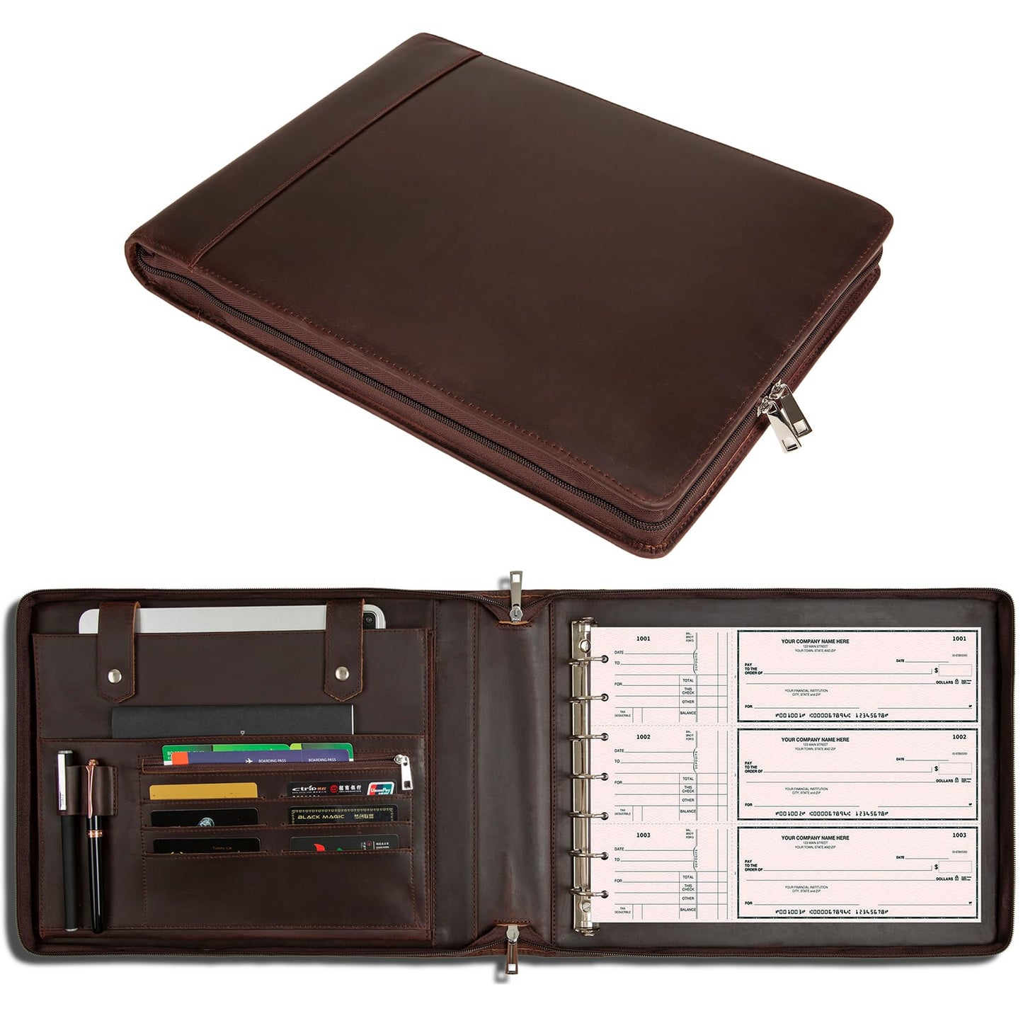 GZRHKJ Genuine Leather Business Check Binder, 7 Ring Checkbook Binder for Business Checks, Personalized Engraved Checkbooks, 600 Checks Capacity for 9 × 13 Inch Sheet (Dark Brown)