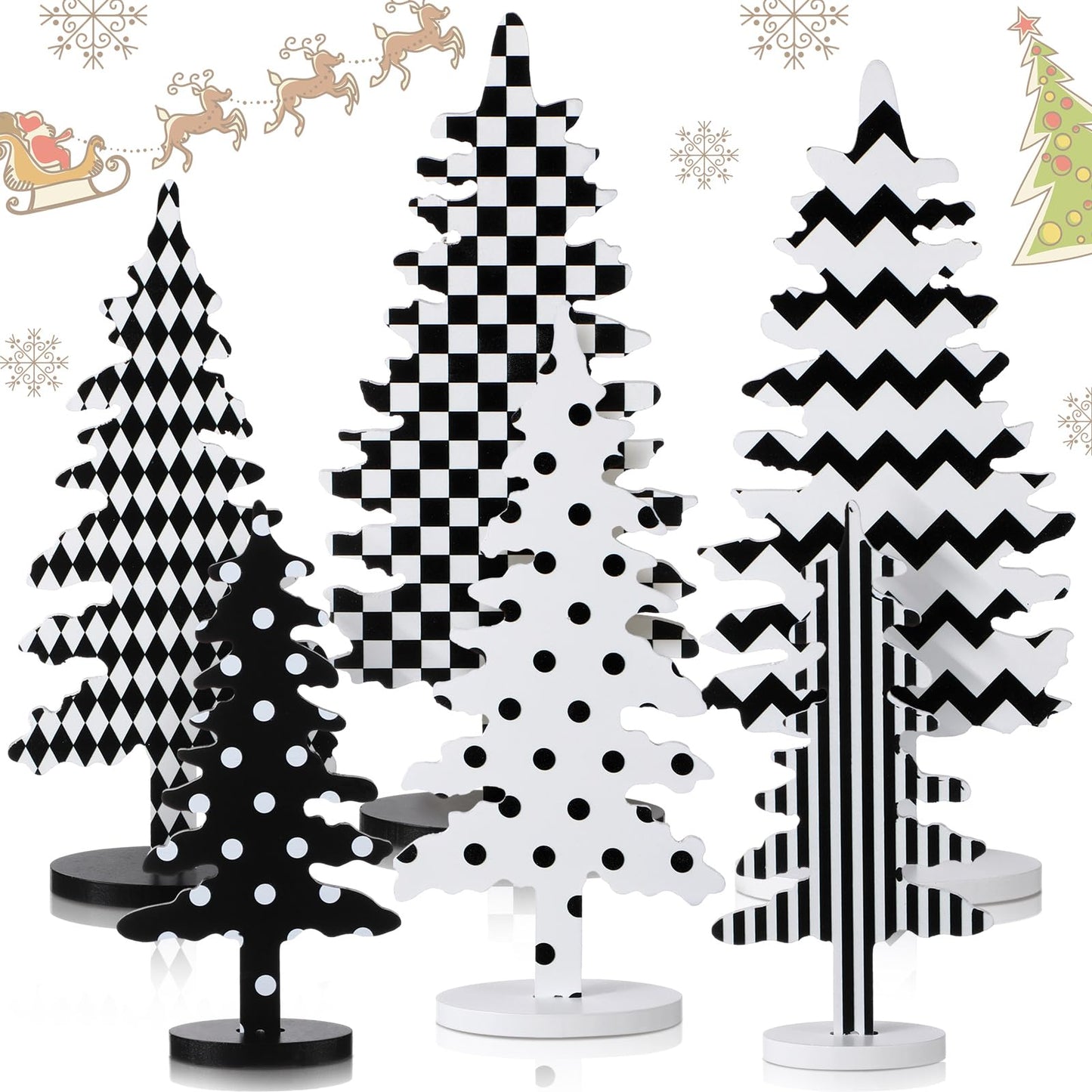 Kigley 6 Pcs Wood Christmas Tree Sign Table Decor 6" 8" 10.5" Black White Xmas Tree Tabletop Christmas Tiered Tray Centerpieces Xmas Gift for Home Mantel Shelf Office Party Windowsill Decoration