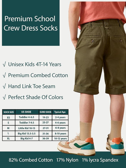 Unisex Kids Crew Dress Socks - Soft Cotton Seamless Toe | 6 Pack in Black, White, Gray, Navy