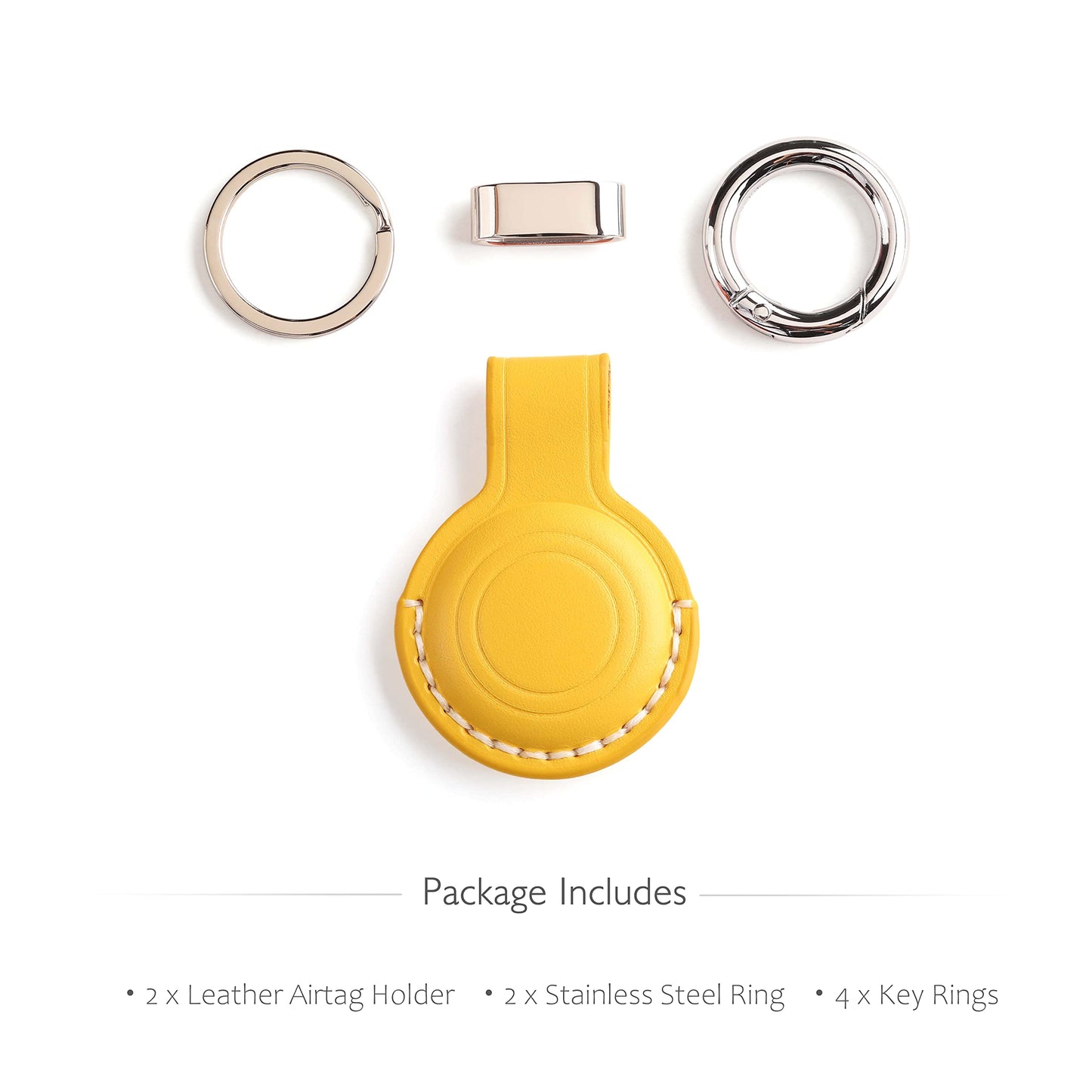 2 Pack LQU Genuine Leather Keychain Holder Compatible with Airtag, Secure Air Tag Keychain Holder Case Cover Key Chain Ring Accessories for Air Tag - Yellow V2.0