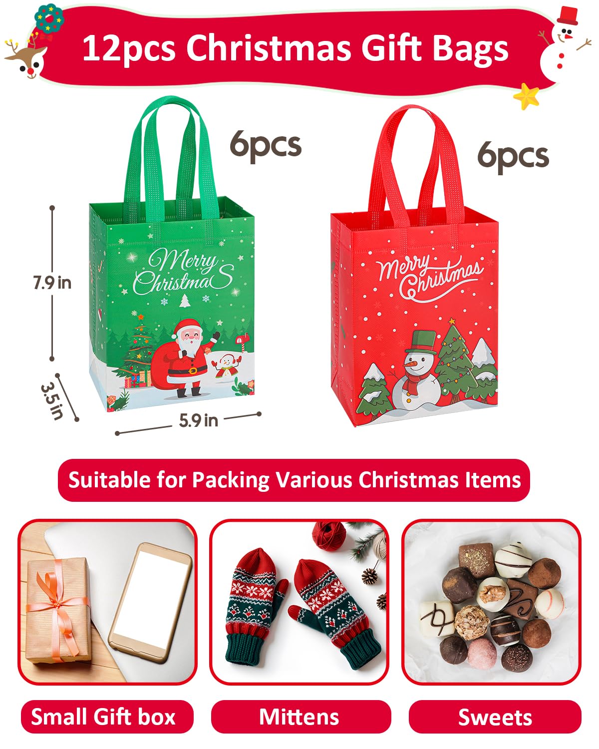 YALTOON 12 Pack Small Christmas Gift Bags, Mini Xmas Bags with Handles, Christmas Party Favor Bags, Tiny Holiday Gifts Bag for Presents, Mini 7.9"x5.9"x3.5"