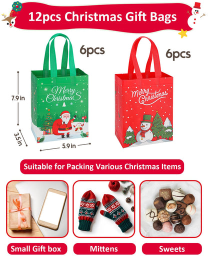 YALTOON 12 Pack Small Christmas Gift Bags, Mini Xmas Bags with Handles, Christmas Party Favor Bags, Tiny Holiday Gifts Bag for Presents, Mini 7.9"x5.9"x3.5"