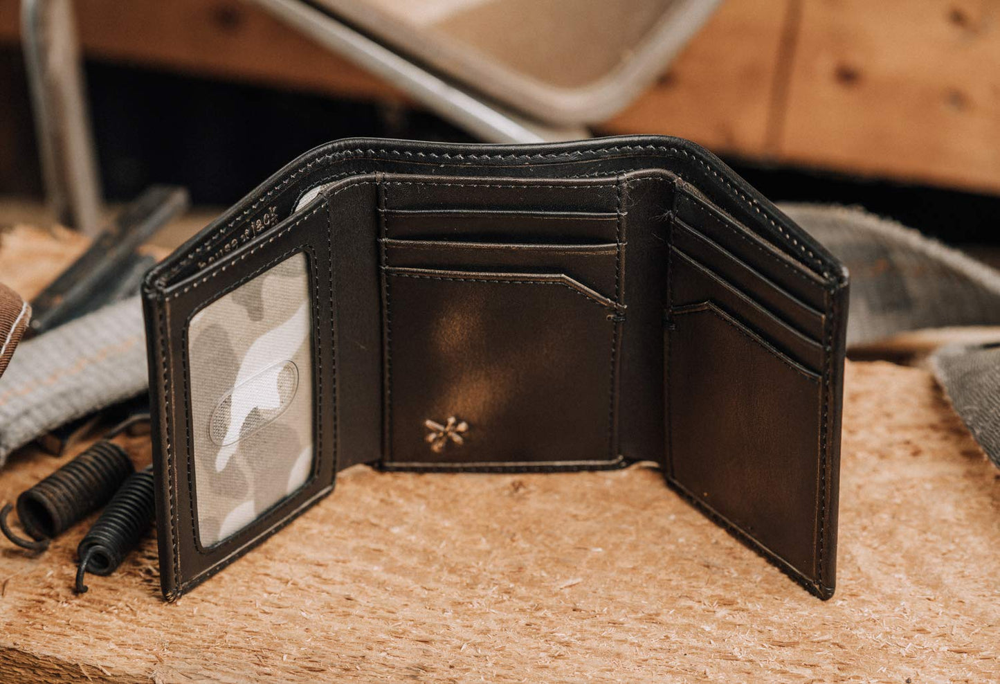 House of Jack Co. Deer Men's Trifold Wallet, Full Grain Leather Hunting Wallet with ID Window, 8 Card Slots, Camo Lining, Embossed Whitetail Deer, Hunter Gift for Men, Black