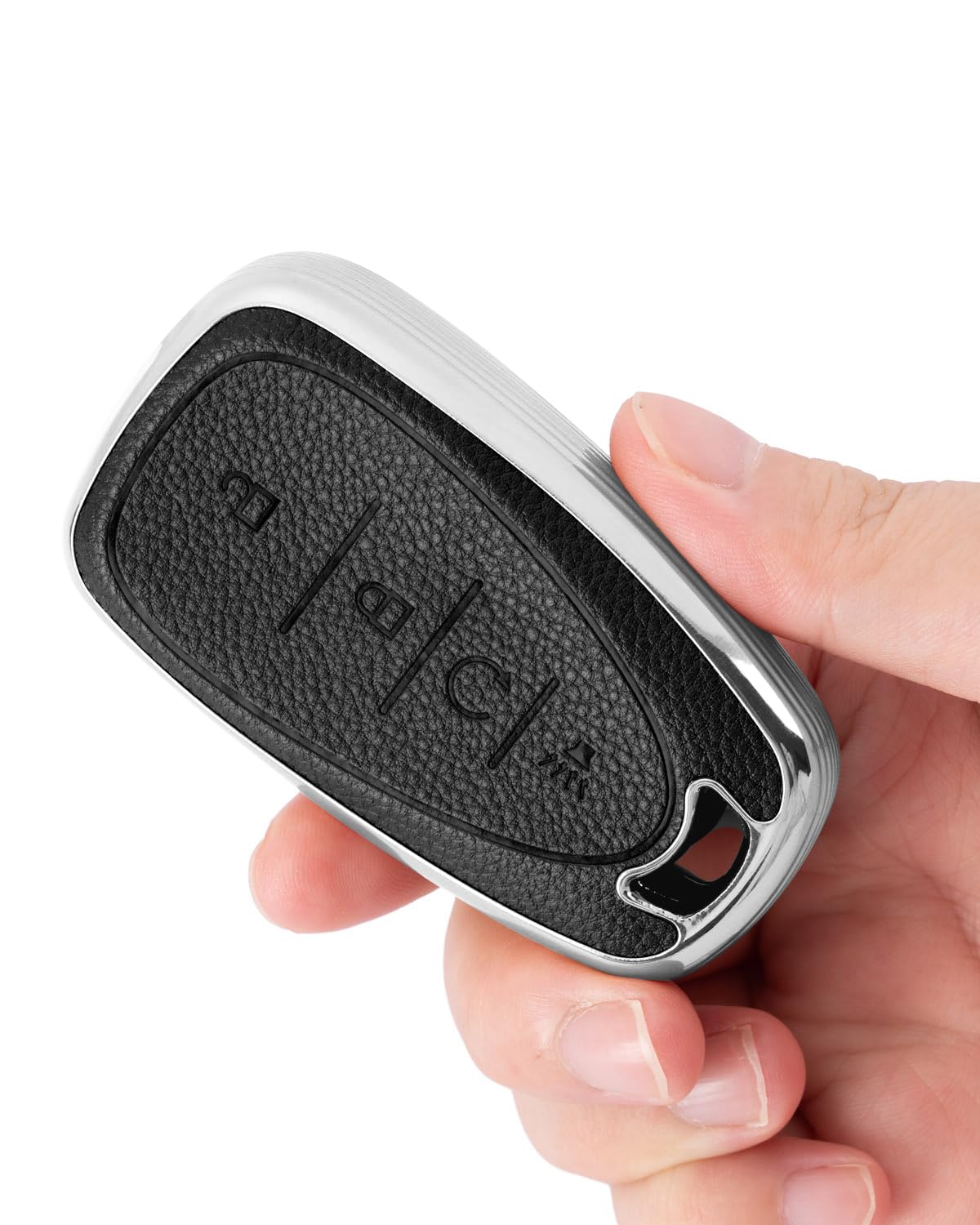 WCHJUD Soft Upper Leather TPU Key Fob Cover Case for Chevy Bolt Equinox Trax Sonic Volt 2017-2025 Accessories with Keychain (Silver-edged black, 4 Buttons)