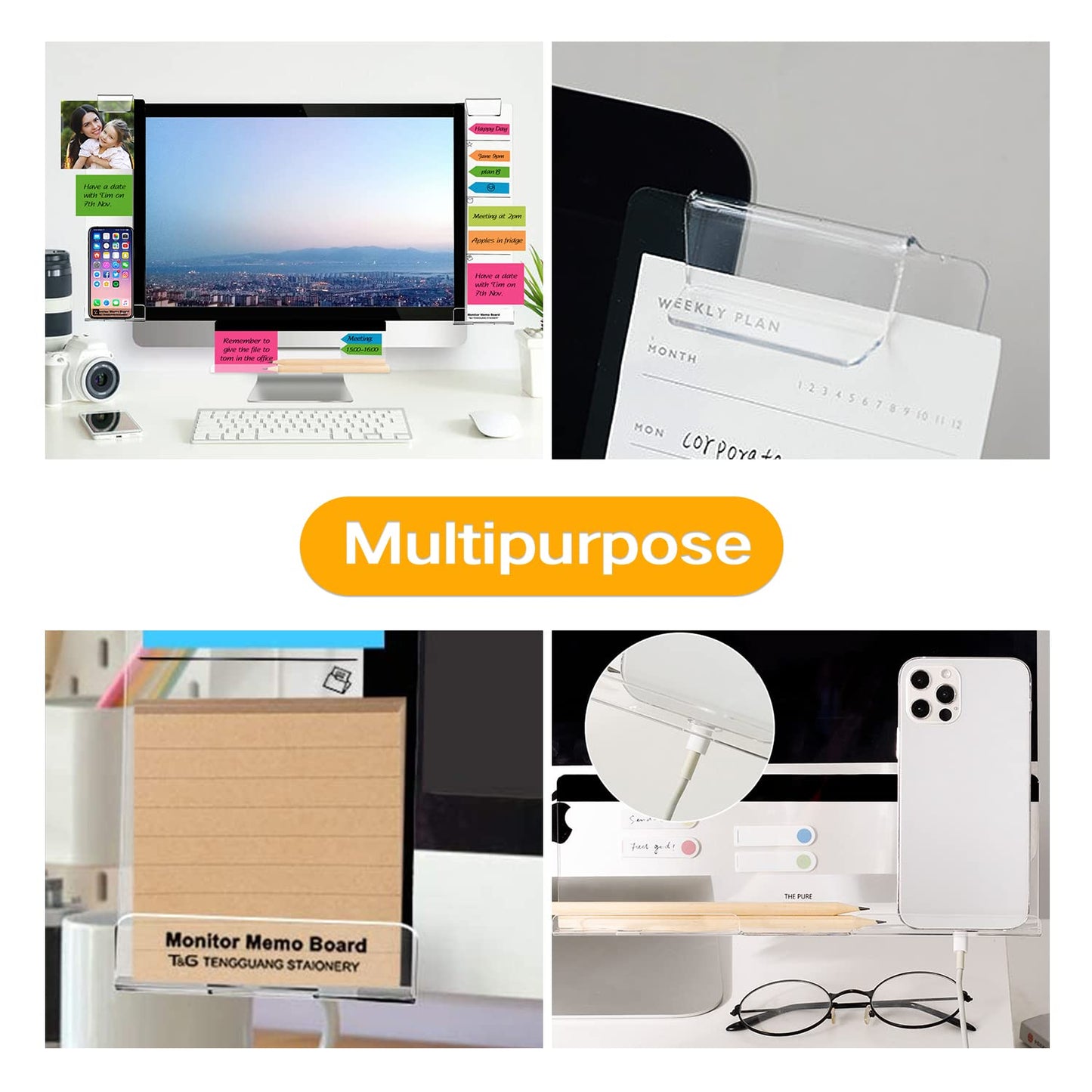 Monitor Memo Boards for Computer, Set of 3 (Left & Right & Bottom) Multifunction Acrylic Screen Message Reminder Pad Side Panels Phone Holder - Utility Organizer for Office Desktop, with Sticky Notes