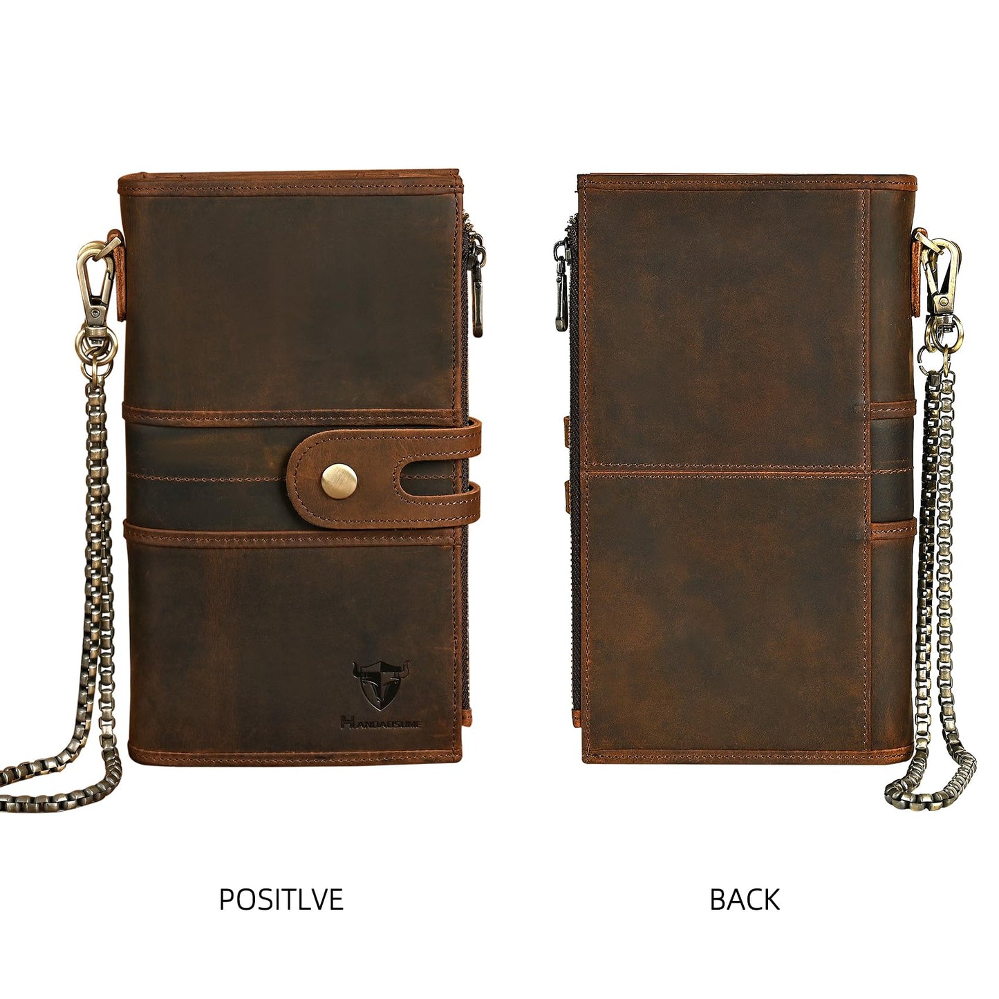 Handadsume Genuine Crazy Horse Leather Travel Gift Coin Pocket Card Case Long Organizer Chain Rfid Wallet Purse With Snap For Men Male 1803 1815 (1815 Brown)