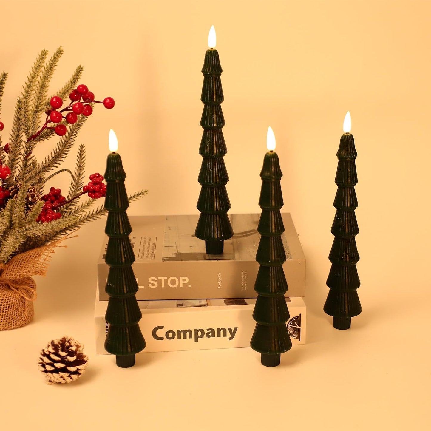 LiuSuper 4 Pack Christmas Tree LED Candles with Remote, Real Wax Flameless Taper Candles with 3D Flickering Flame, Lights Xmas Candlesticks for Christmas Home Party Decor (4 Pack Tower-Shaped)